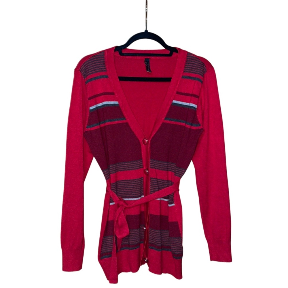 Yoki V Neck Button Down Self Tie Sweater - Red - Size L